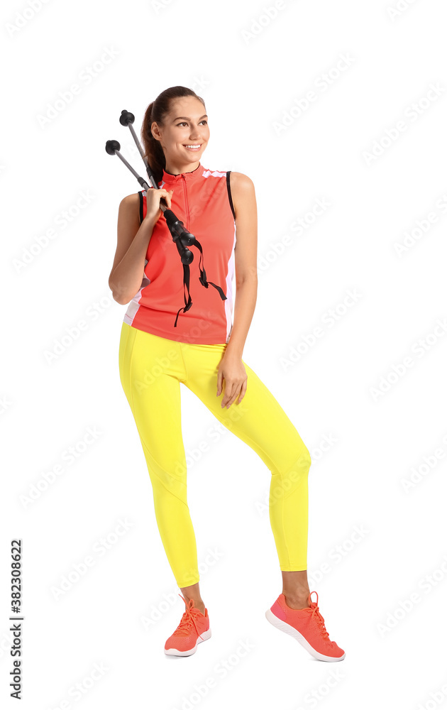 Young woman with walking poles on white background