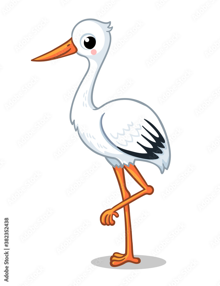 Cute stork stands on one leg on a white background. Vector illustration with a bird.