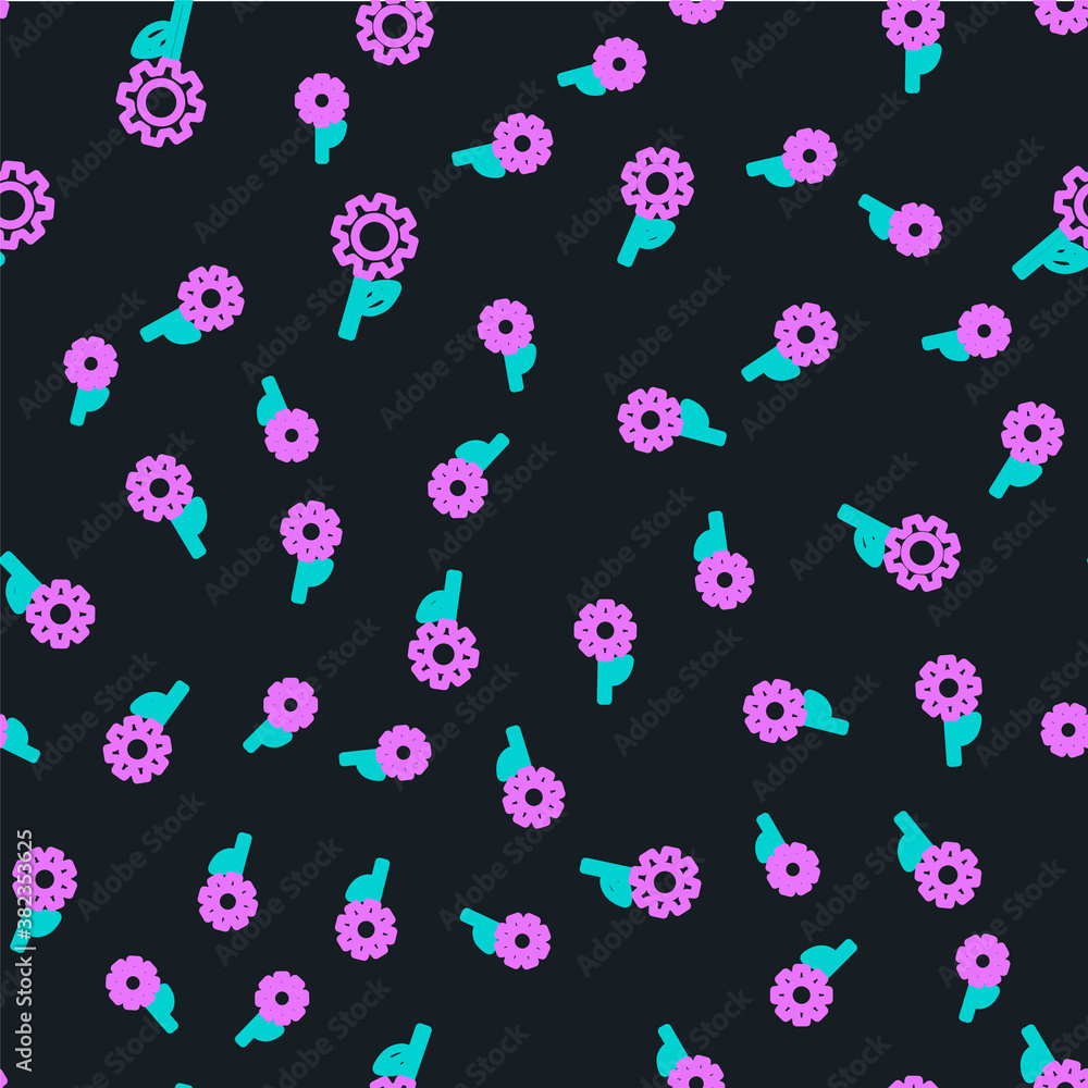 Line Leaf plant ecology in gear machine icon isolated seamless pattern on black background. Eco frie