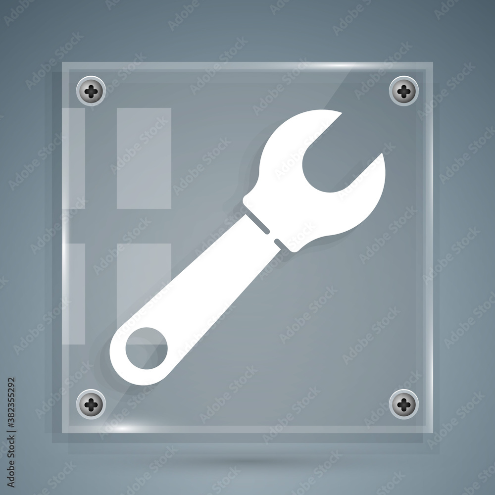 White Wrench spanner icon isolated on grey background. Square glass panels. Vector Illustration.