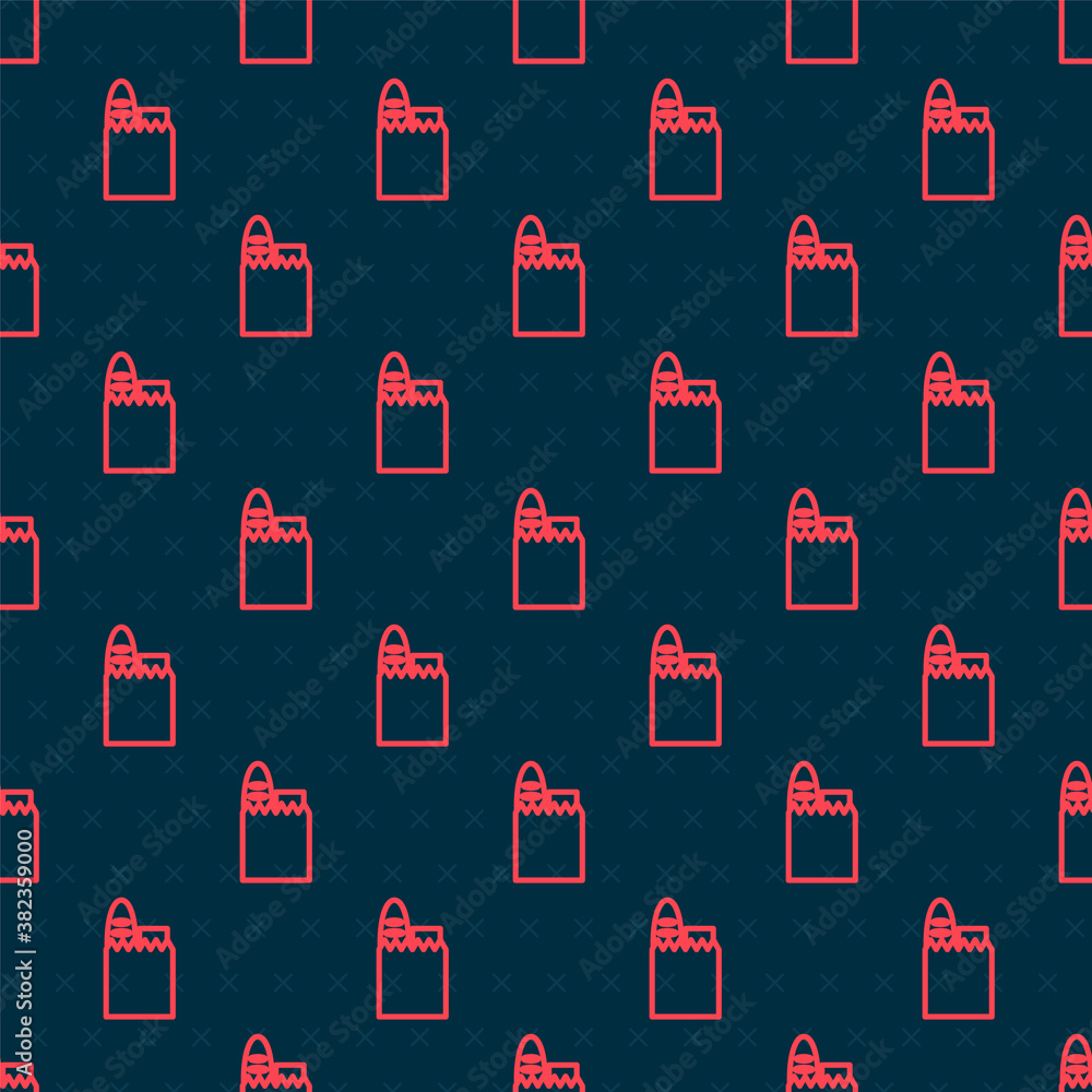 Red line Paper shopping bag and food icon isolated seamless pattern on black background. Food store,