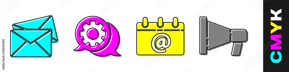 Set Envelope, Speech bubble chat, Calendar with email and Megaphone icon. Vector.