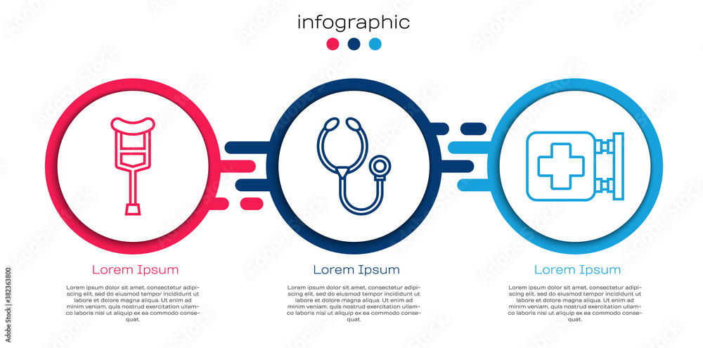 Set line Crutch or crutches, Stethoscope and Hospital signboard. Business infographic template. Vect
