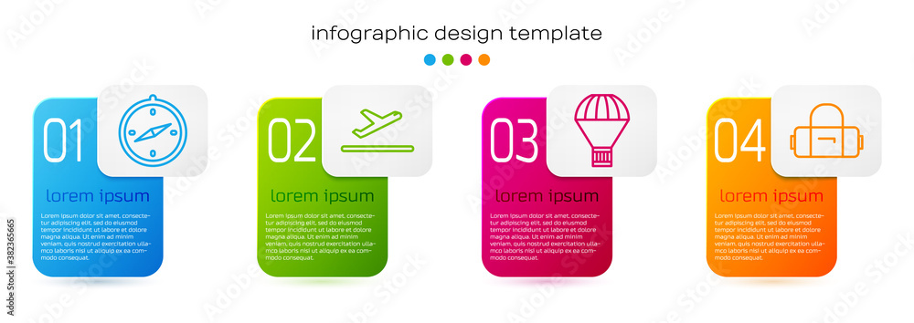 Set line Compass, Plane takeoff, Box flying on parachute and Suitcase. Business infographic template