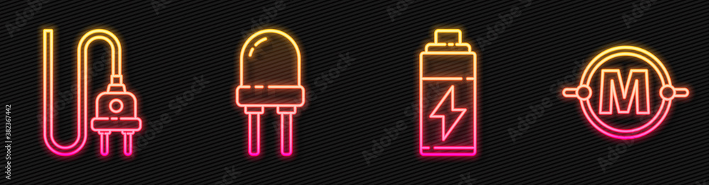 Set line Battery, Electric plug, Light emitting diode and Electric circuit scheme. Glowing neon icon