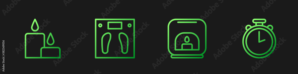 Set line Aroma lamp, Burning candle, Bathroom scales and Stopwatch. Gradient color icons. Vector.