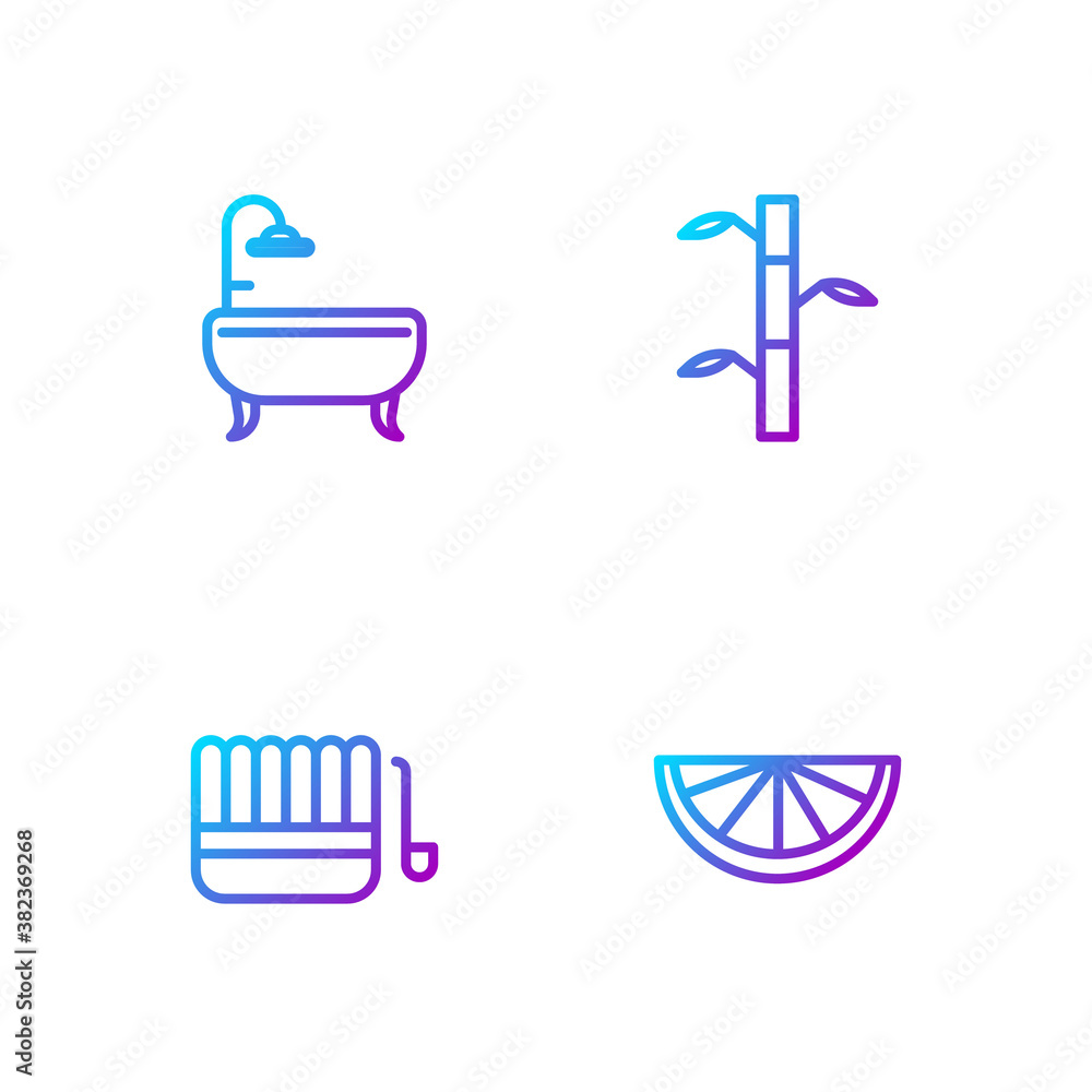Set line Citrus fruit, Sauna bucket and ladle, Bathtub and Bamboo stems with leaves. Gradient color 