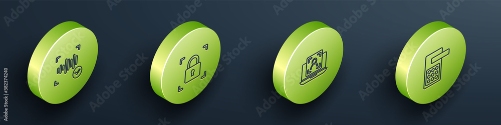 Set Isometric Voice recognition, Fingerprint with lock, Laptop face and Digital door icon. Vector.