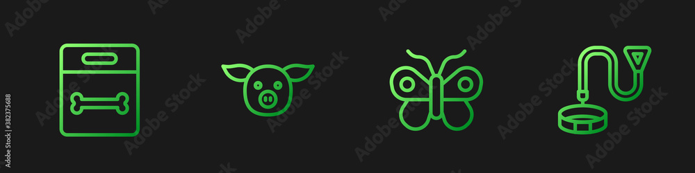 Set line Butterfly, Dog bone, Pig and Collar with name tag. Gradient color icons. Vector.