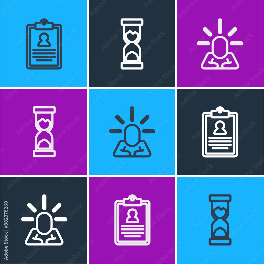 Set line Medical clipboard, Depression and Old hourglass icon. Vector.