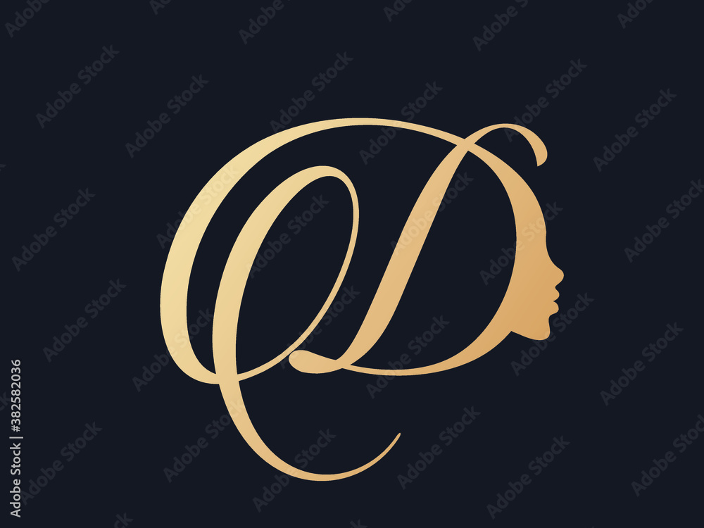 Letter D logo with beautiful woman portrait.Beauty, hair salon and cosmetics vector icon in golden c