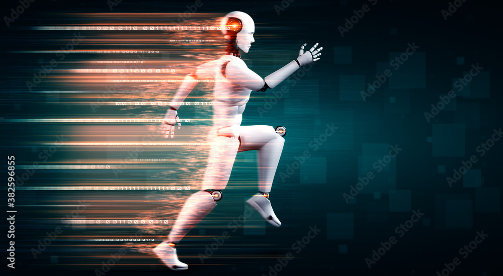 Running robot humanoid showing fast movement and vital energy in concept of future innovation develo