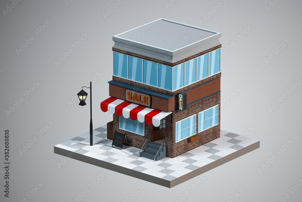 Cartoon store, modern shop building, 3d rendering.