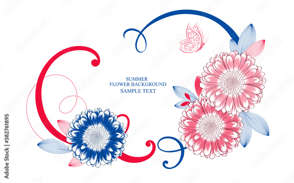 Festive floral frame with beautiful gerbera flower buds, curls and butterfly. Vector elements for cr
