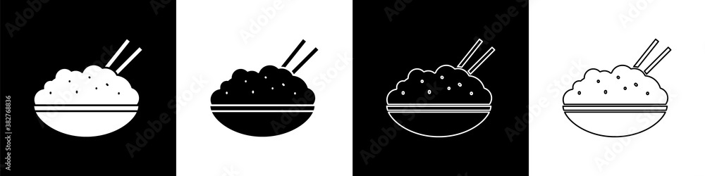 Set Rice in a bowl with chopstick icon isolated on black and white background. Traditional Asian foo