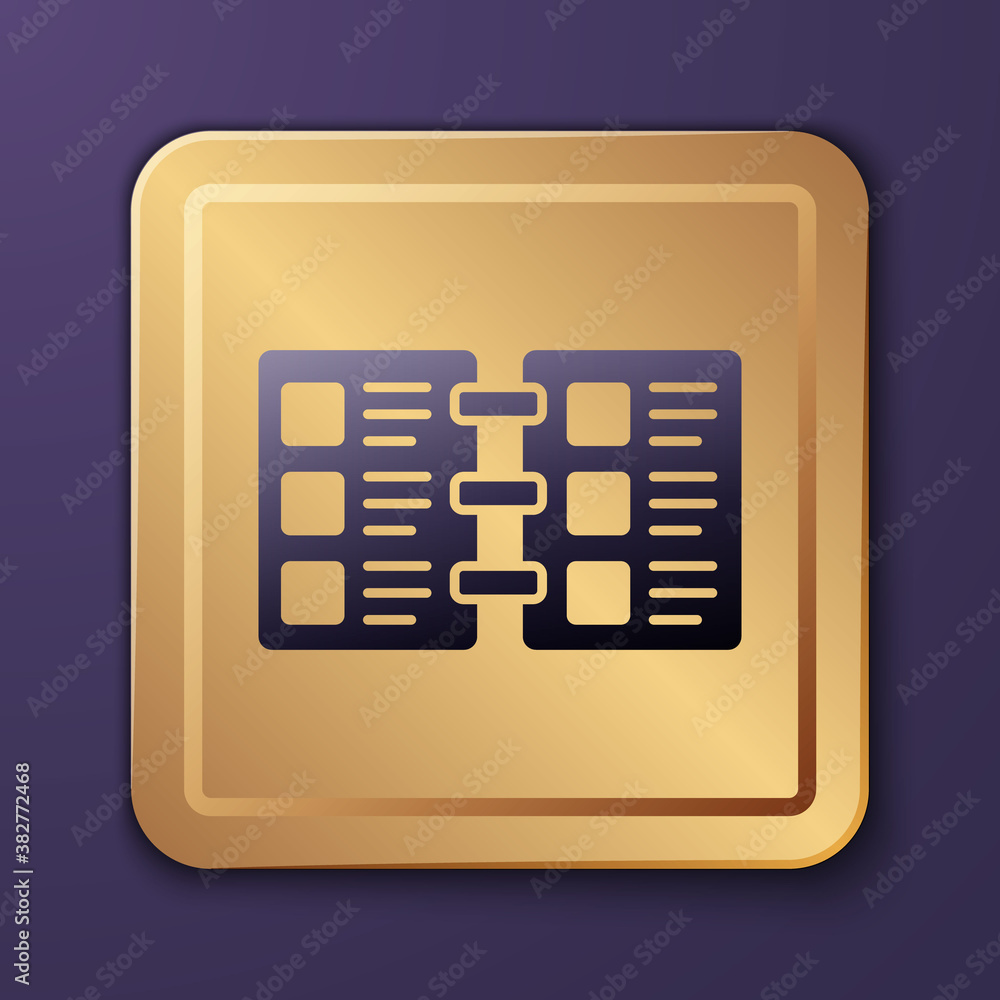 Purple Restaurant cafe menu icon isolated on purple background. Gold square button. Vector.