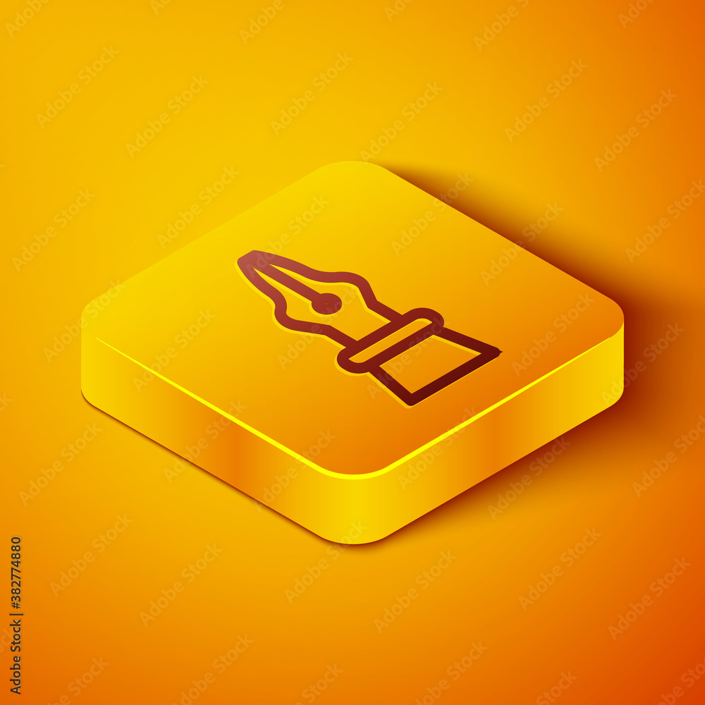 等距线喷泉笔尖图标隔离在橙色背景上。钢笔工具标志。黄色正方形，但