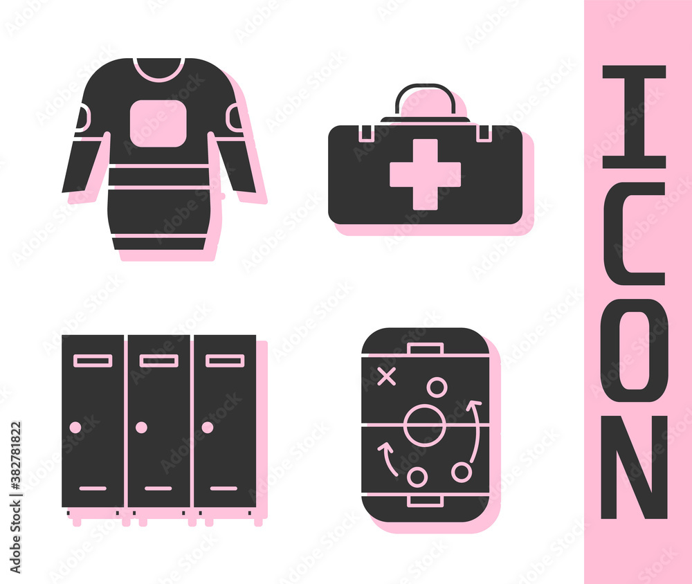 Set Planning strategy, Hockey jersey, Locker or changing room and First aid kit icon. Vector.