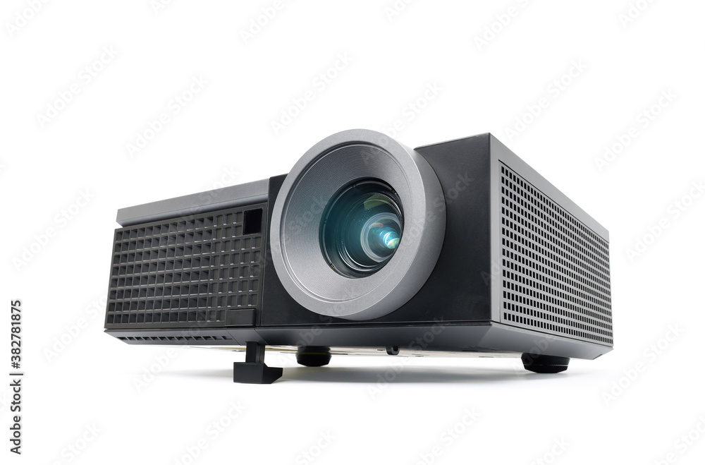 Perspective view of black LCD Projector video presentation and home Entertainment isolated on white 
