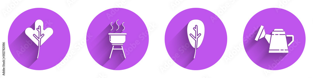 Set Leaf or leaves, Barbecue grill, Leaf or leaves and Watering can icon with long shadow. Vector.