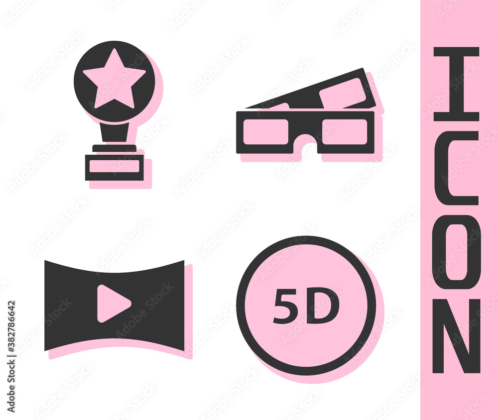 Set 5d virtual reality, Movie trophy, Online play video and 3D cinema glasses icon. Vector.