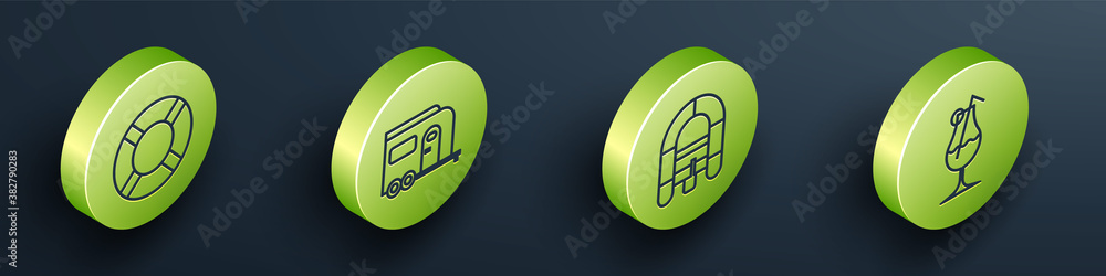 Set Isometric Lifebuoy, Rv Camping trailer, Rafting boat and Cocktail and alcohol drink icon. Vector