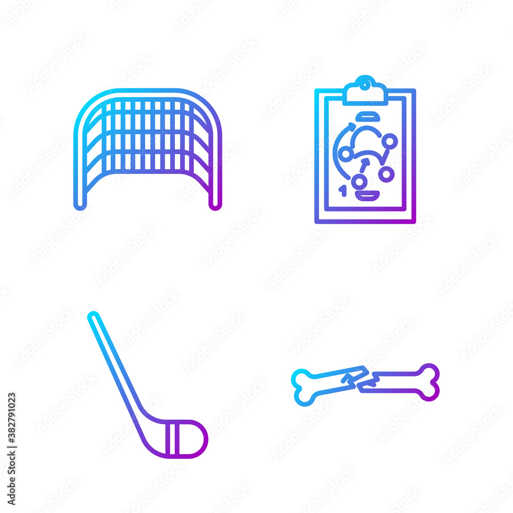 Set line Human broken bone, Ice hockey stick, Ice hockey goal and Planning strategy. Gradient color 