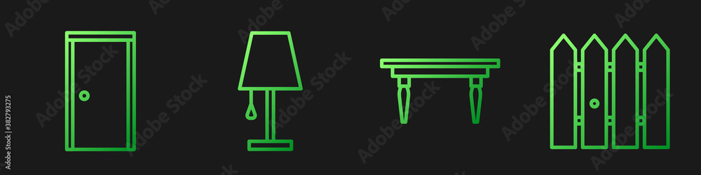 Set line Wooden table, Closed door, Table lamp and Garden fence wooden. Gradient color icons. Vector