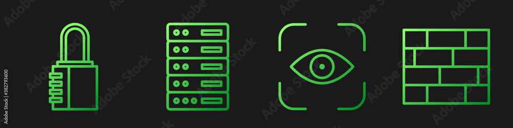Set line Eye scan, Safe combination lock, Server, Data, Web Hosting and Bricks. Gradient color icons