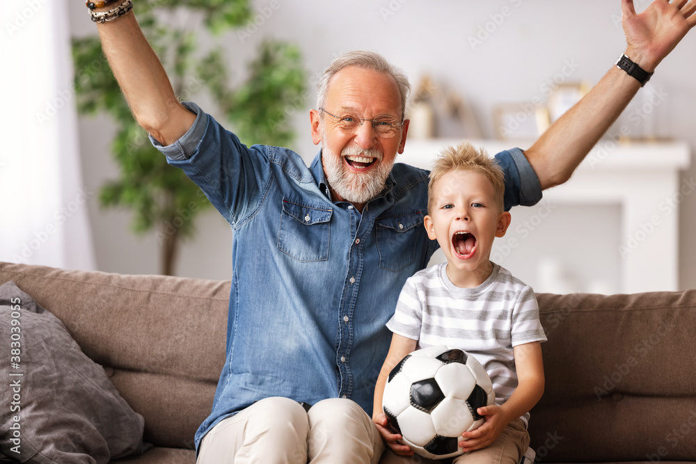Excited grandfather and grandson watching football match on TV.