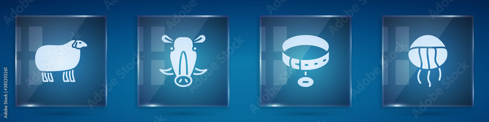 Set Sheep, Wild boar head, Collar with name tag and Jellyfish. Square glass panels. Vector.