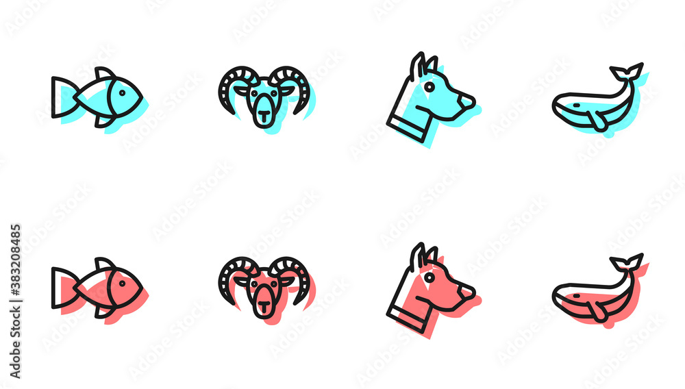 Set line Dog head, Fish, Head of goat or ram and Whale icon. Vector.
