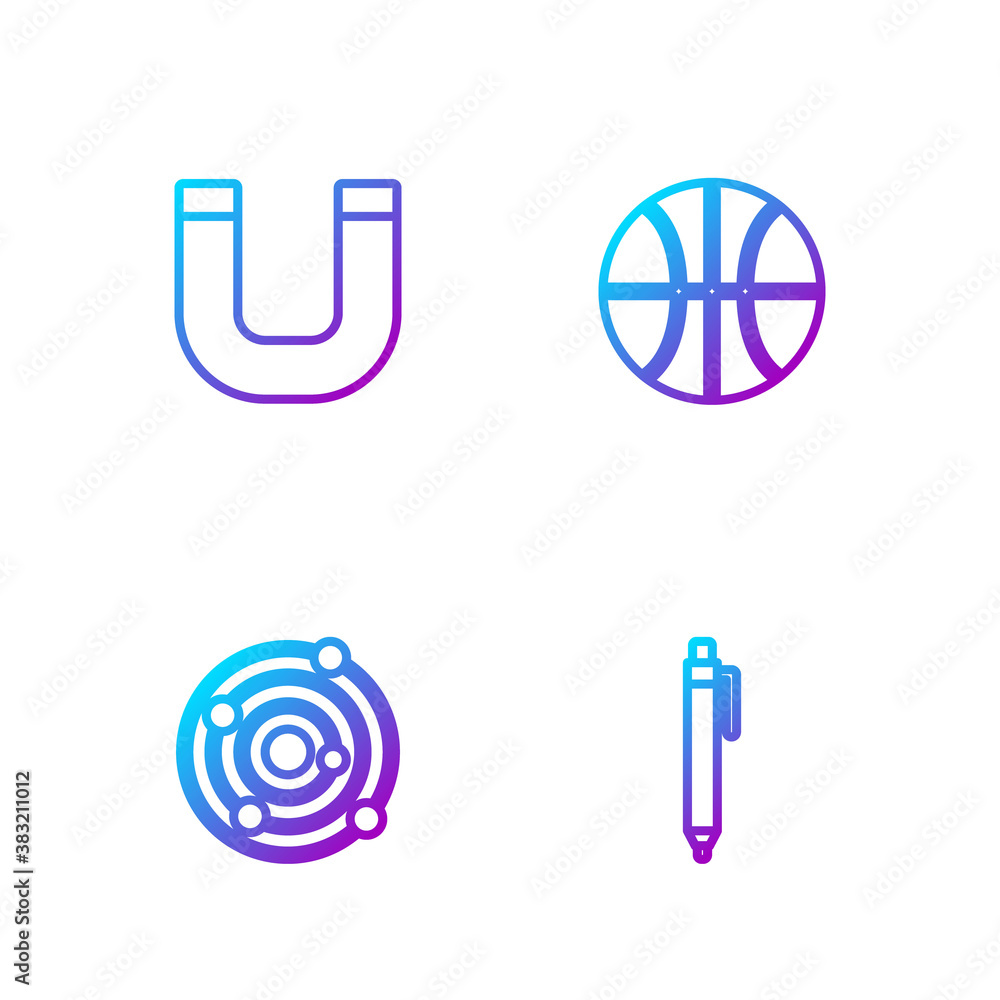 Set line Pen, Solar system, Magnet and Basketball ball. Gradient color icons. Vector.