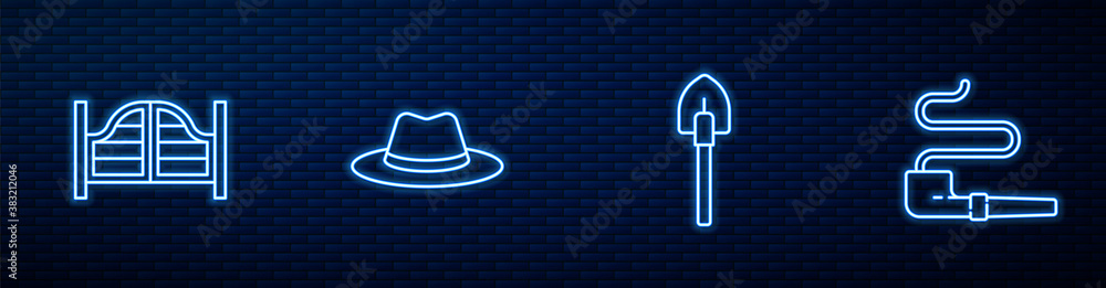 Set line Shovel, Saloon door, Western cowboy hat and Smoking pipe. Glowing neon icon on brick wall. 