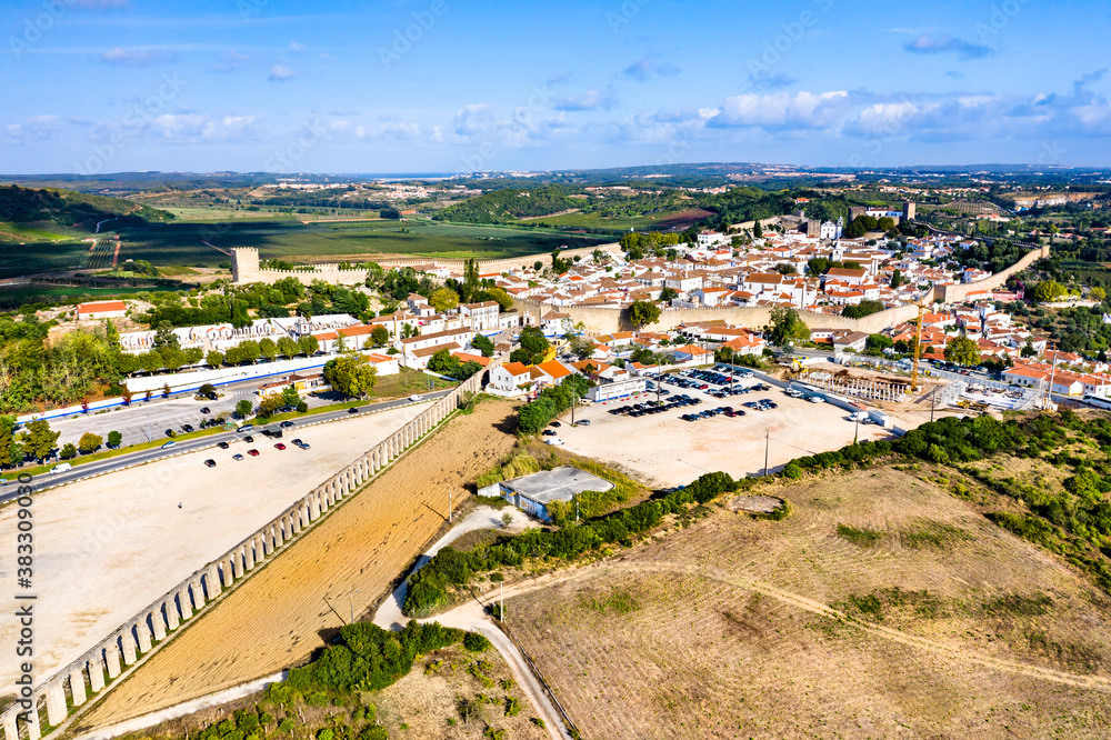 Aerial view of Obidos with the Usseira Aqueduct in Oeste region of Portugal