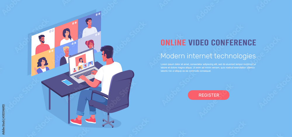 A worker using online video conference for communication isometric illustration 