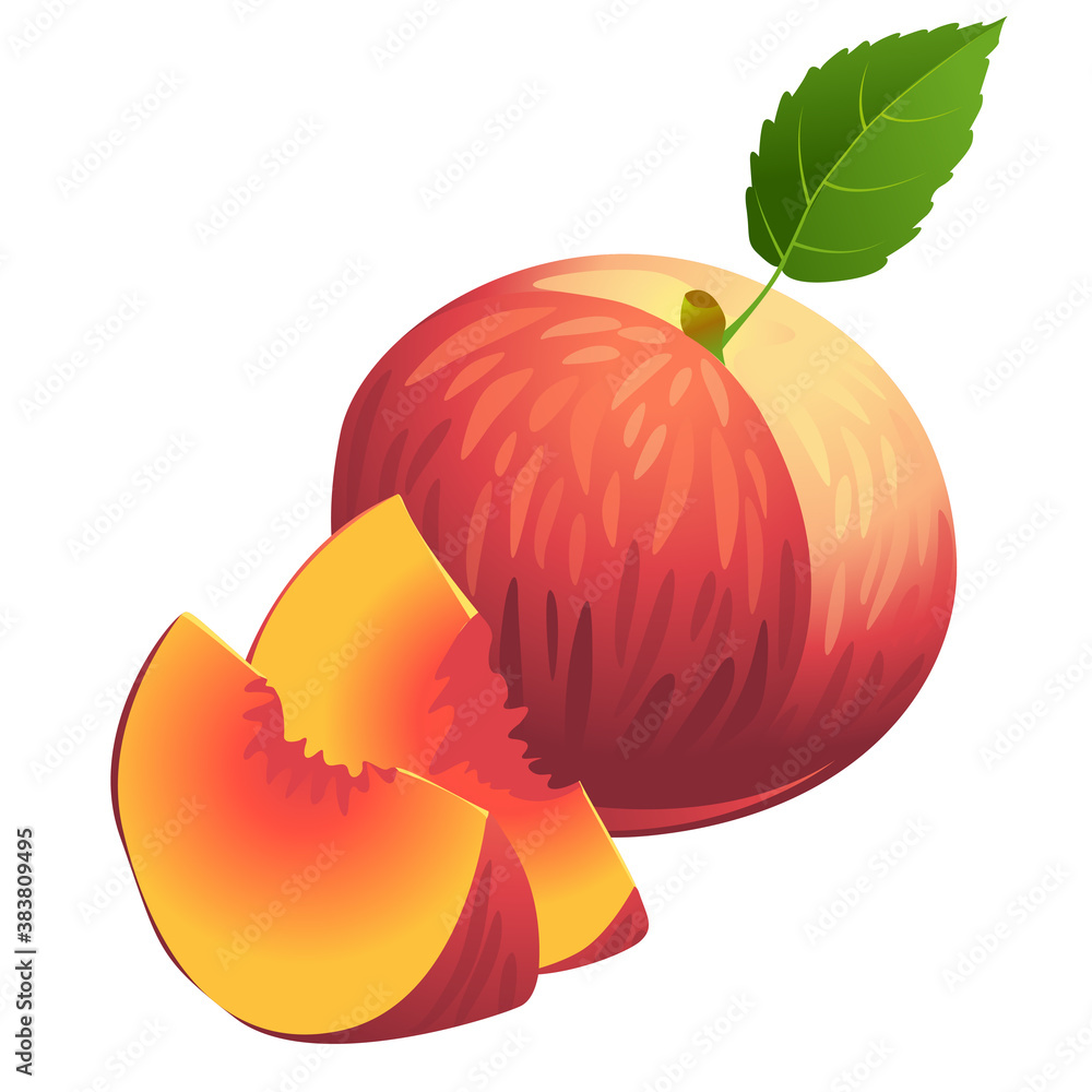 Icon of Ripe summer peach with two slices and green leaf