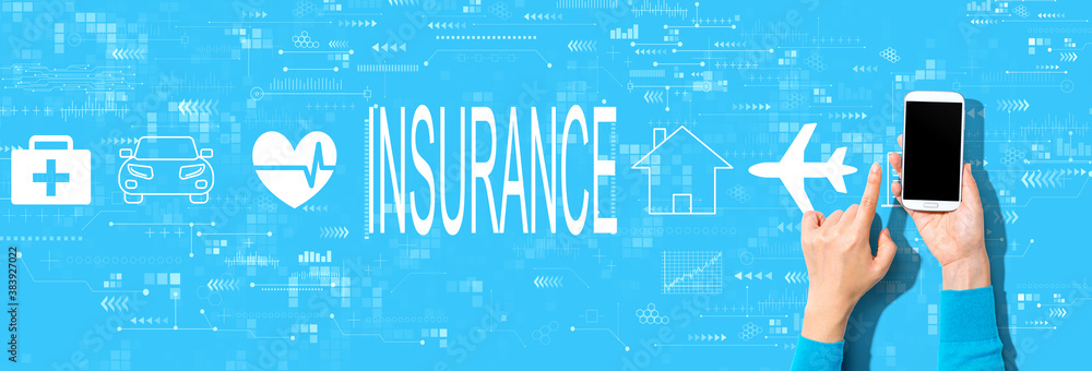 Insurance concept with person using a smartphone on a blue background