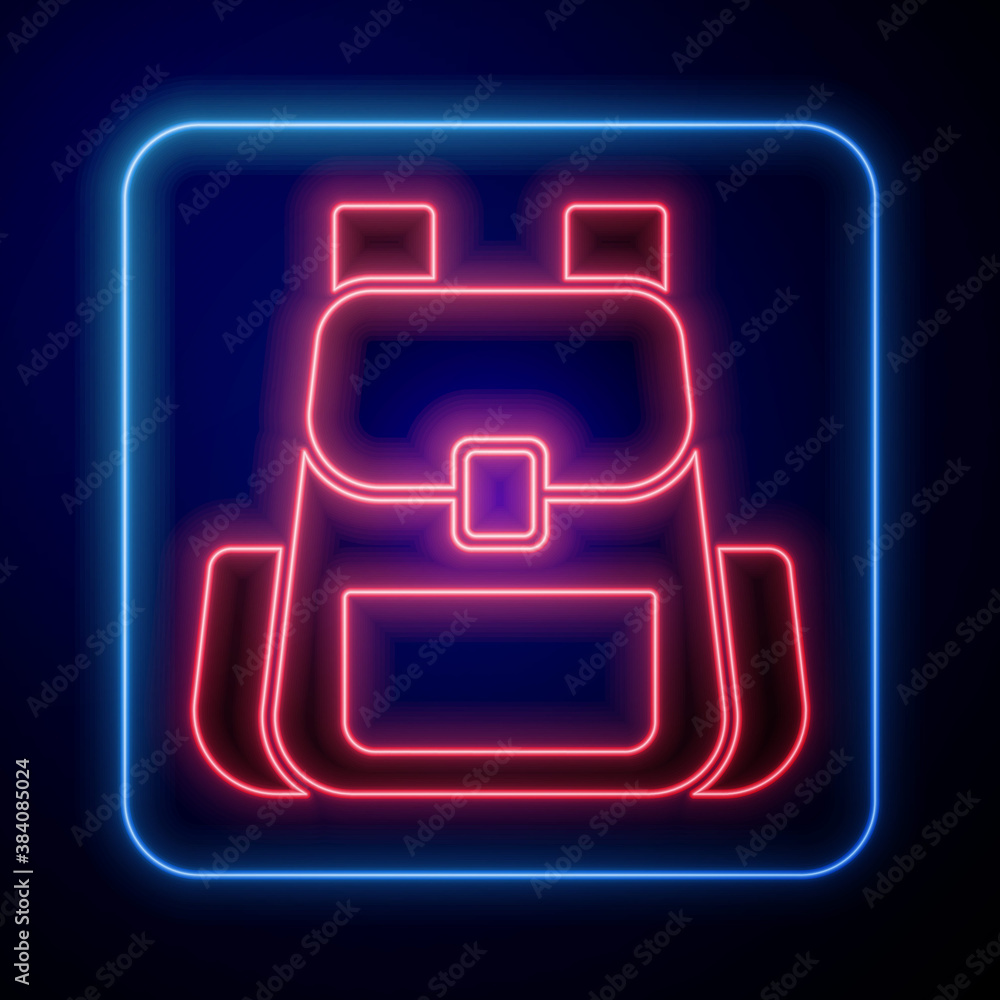 Glowing neon Hiking backpack icon isolated on blue background. Camping and mountain exploring backpa