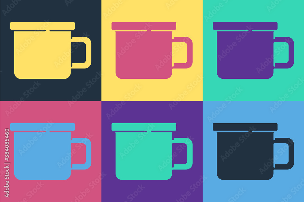 Pop art Camping metal mug icon isolated on color background. Vector.
