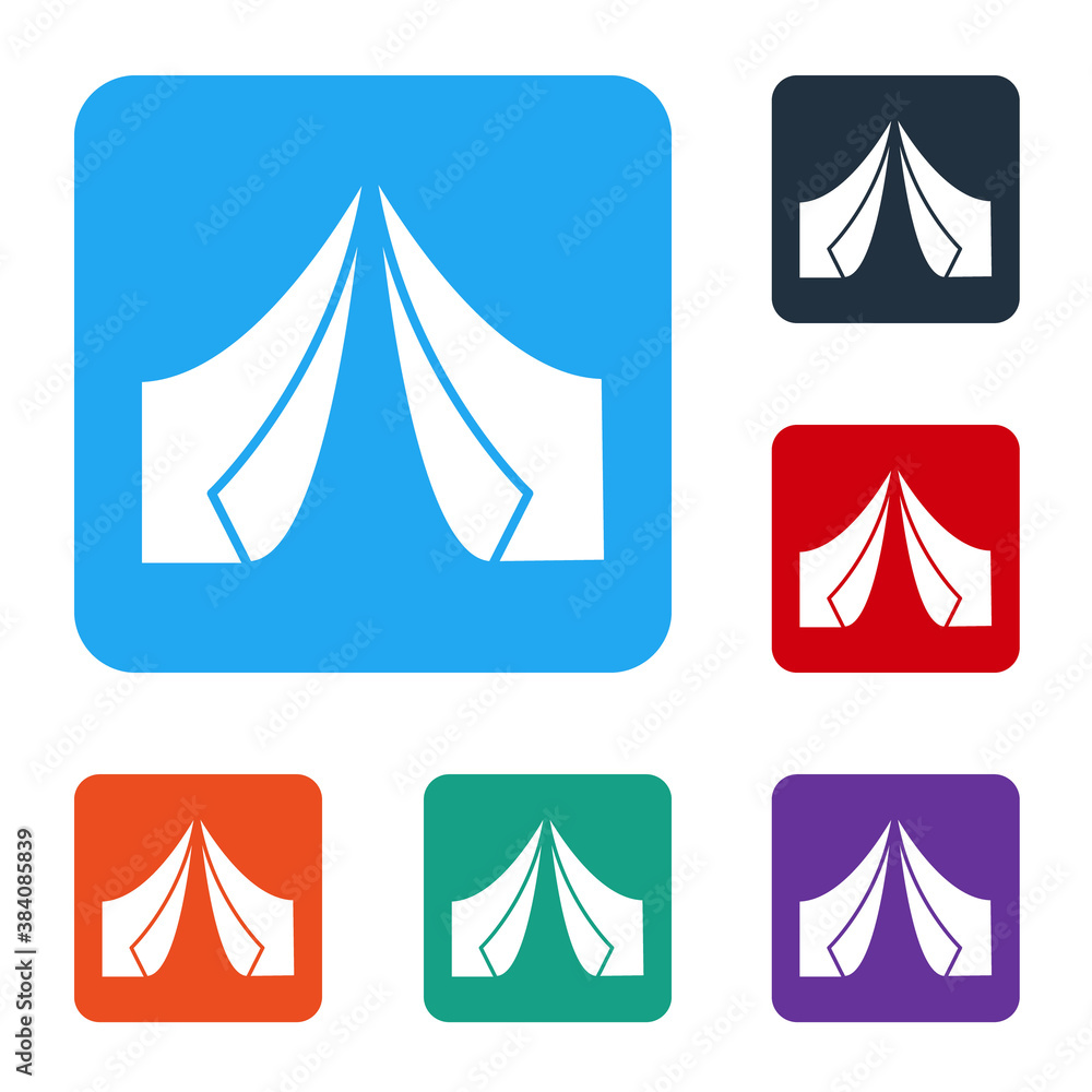 White Tourist tent icon isolated on white background. Camping symbol. Set icons in color square butt