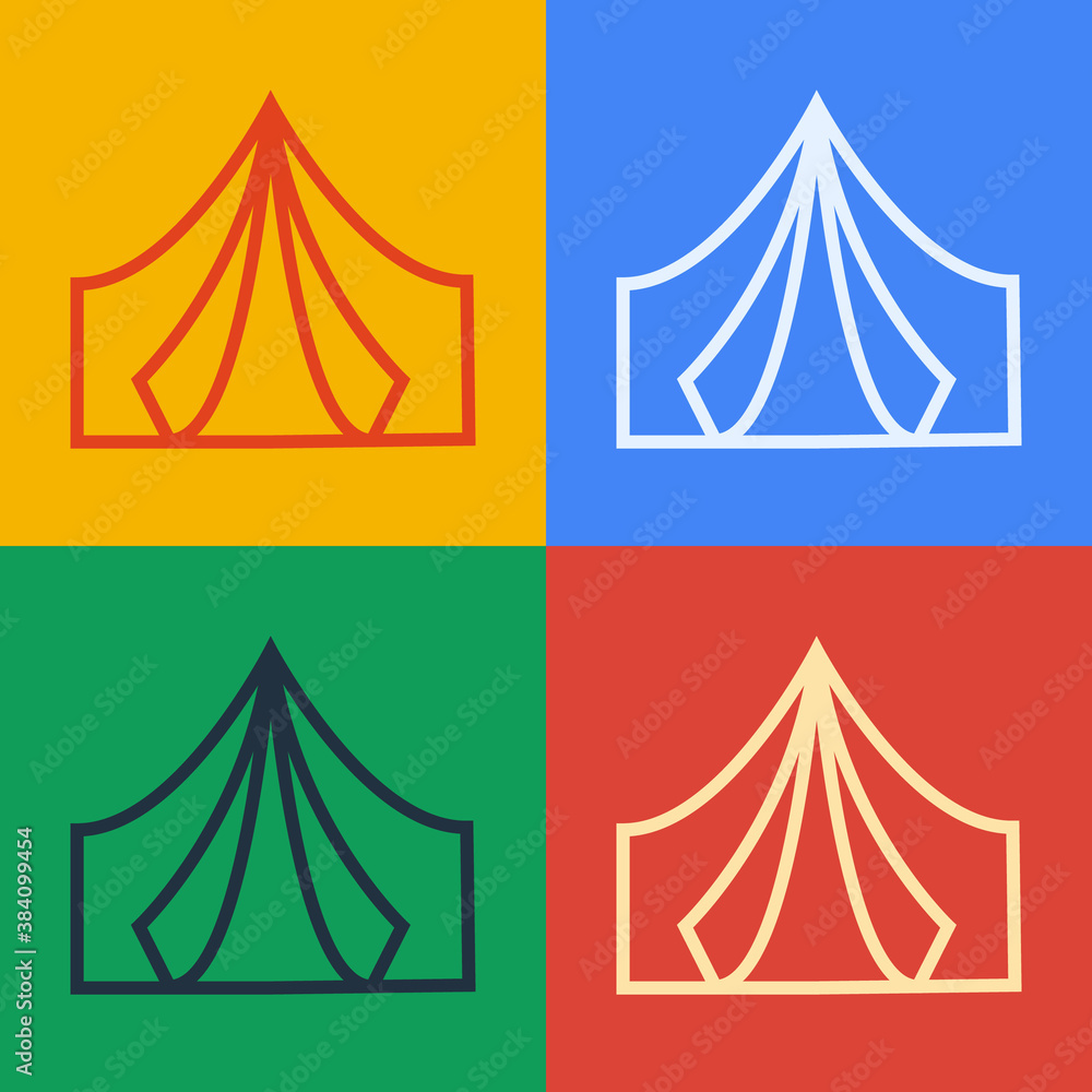Pop art line Tourist tent icon isolated on color background. Camping symbol. Vector.