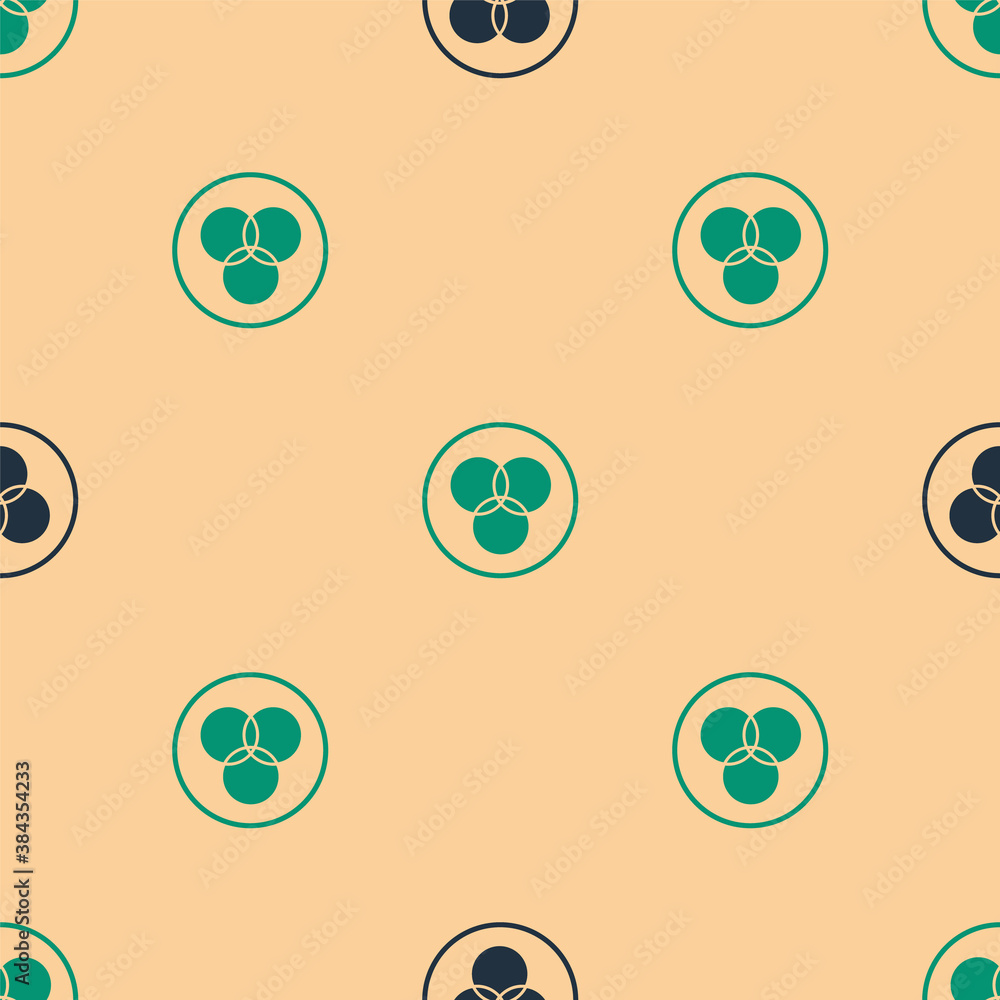 Green and black RGB and CMYK color mixing icon isolated seamless pattern on beige background. Vector