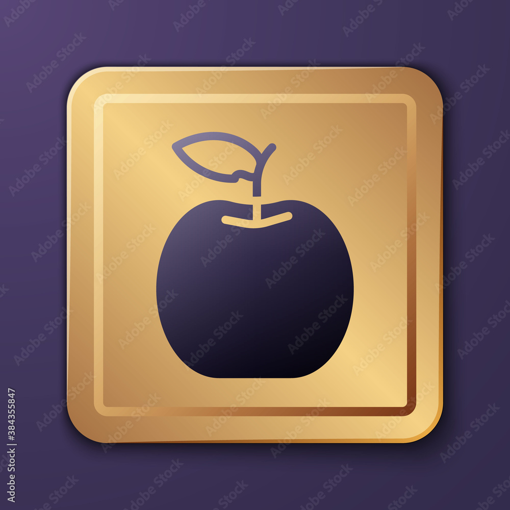 Purple Apple icon isolated on purple background. Fruit with leaf symbol. Gold square button. Vector.