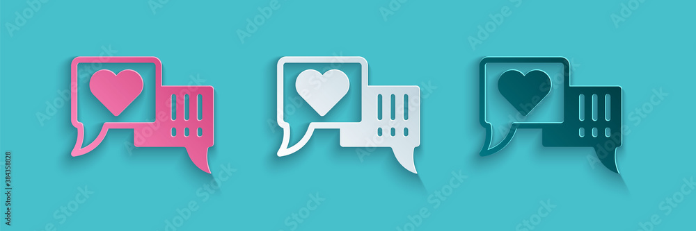 Paper cut Heart in speech bubble icon isolated on blue background. Paper art style. Vector.
