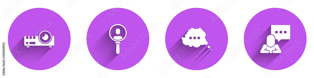 Set Media projector, Search people, Speech bubble chat and icon with long shadow. Vector.