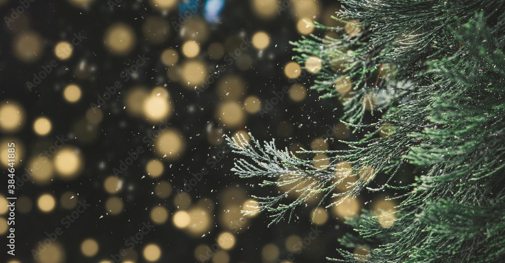 Closeup of Christmas pine tree with light, snow flake. and New Year holiday background. vintage Colo