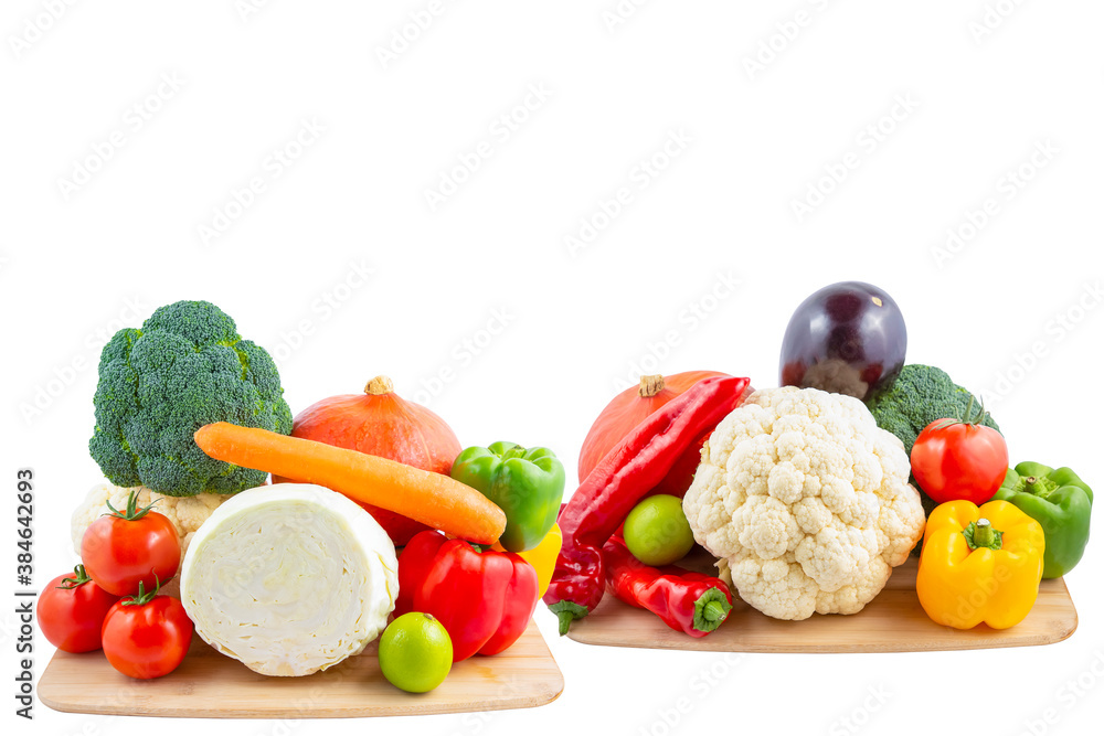 Group vegetables and Fruits Apples, grapes, oranges, and bananas in the wooden basket with carrots, 