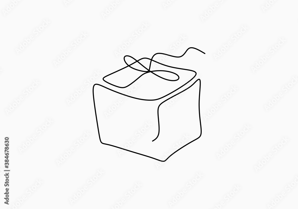 Continuous line drawing of gift box with ribbon bow. Wrapped surprise package for christmas or birth