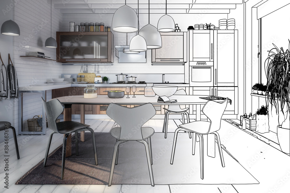 Modern Kitchen Arean with Dining Room Integration (planning) - 3d visualization
